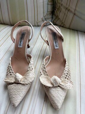 Charles David Allyson Raffia Bow Slingback Kitten Heels - Cream, Size 6.5